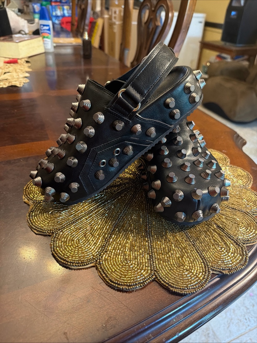 Black Studded Slip-On Mule with Adjustable Back Strap - Women's